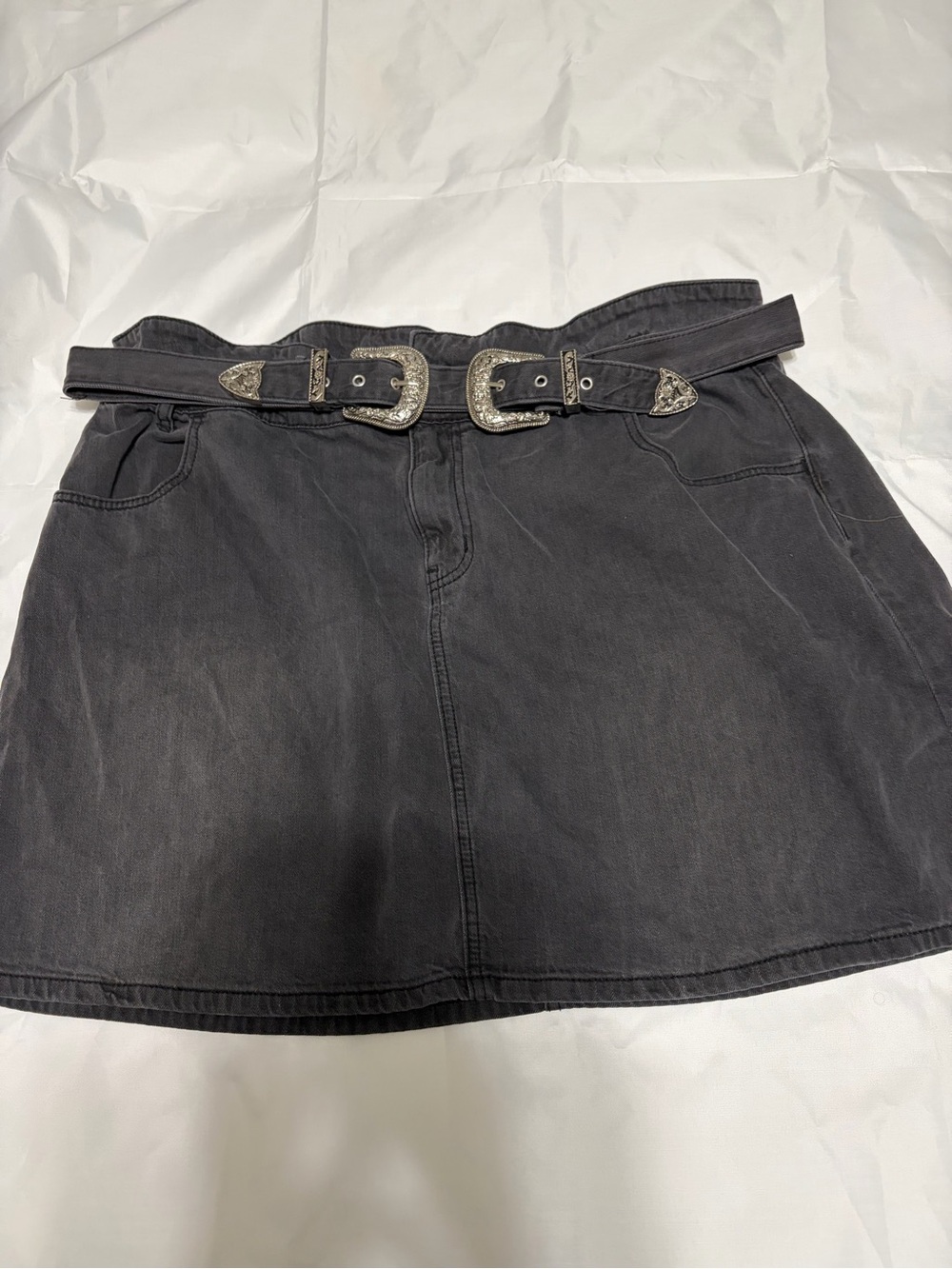 ARULA Black Denim Mini Skirt with Double Western Buckles